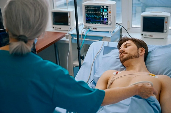 Patient undergoing a cardiac test in a hospital with a healthcare using diagnostic equipment.